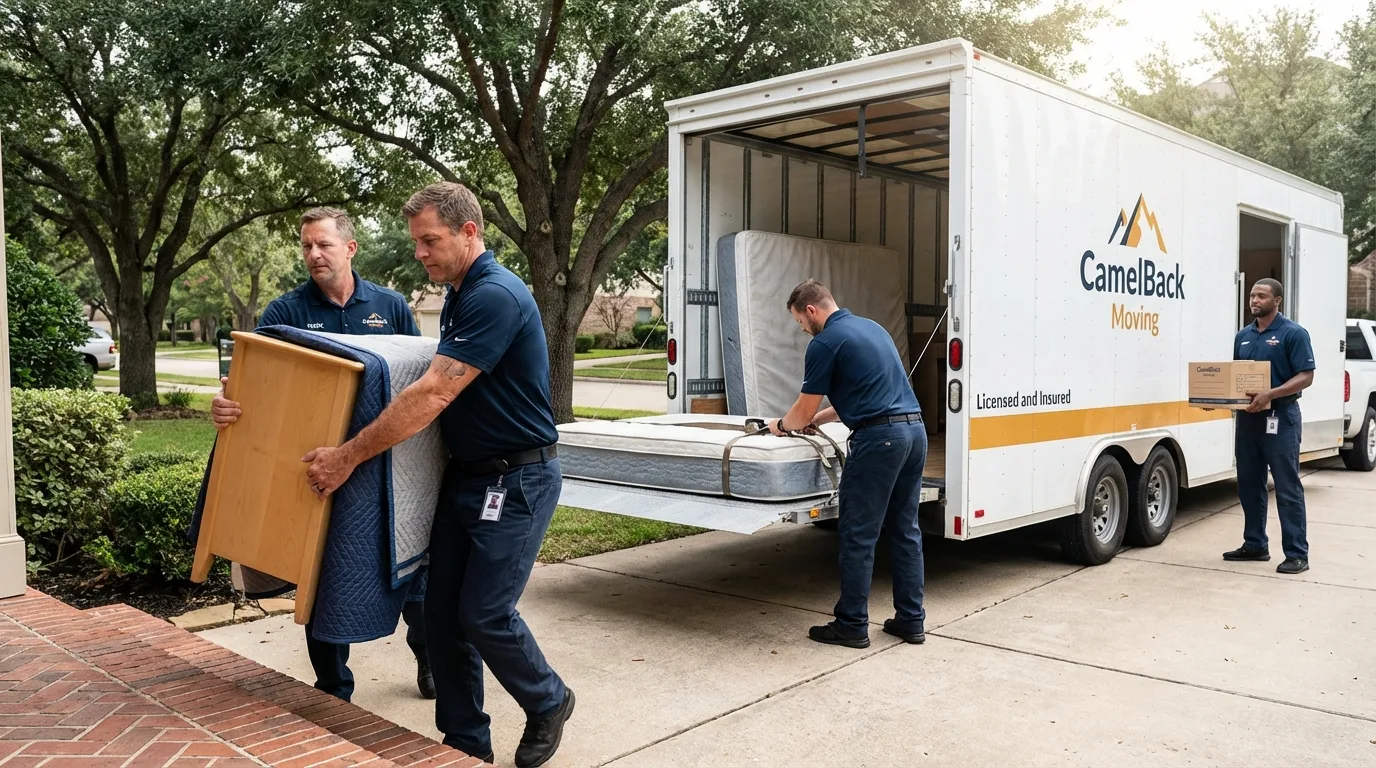 Crew loading residential truck for cross-state move from Green Lake, WI
