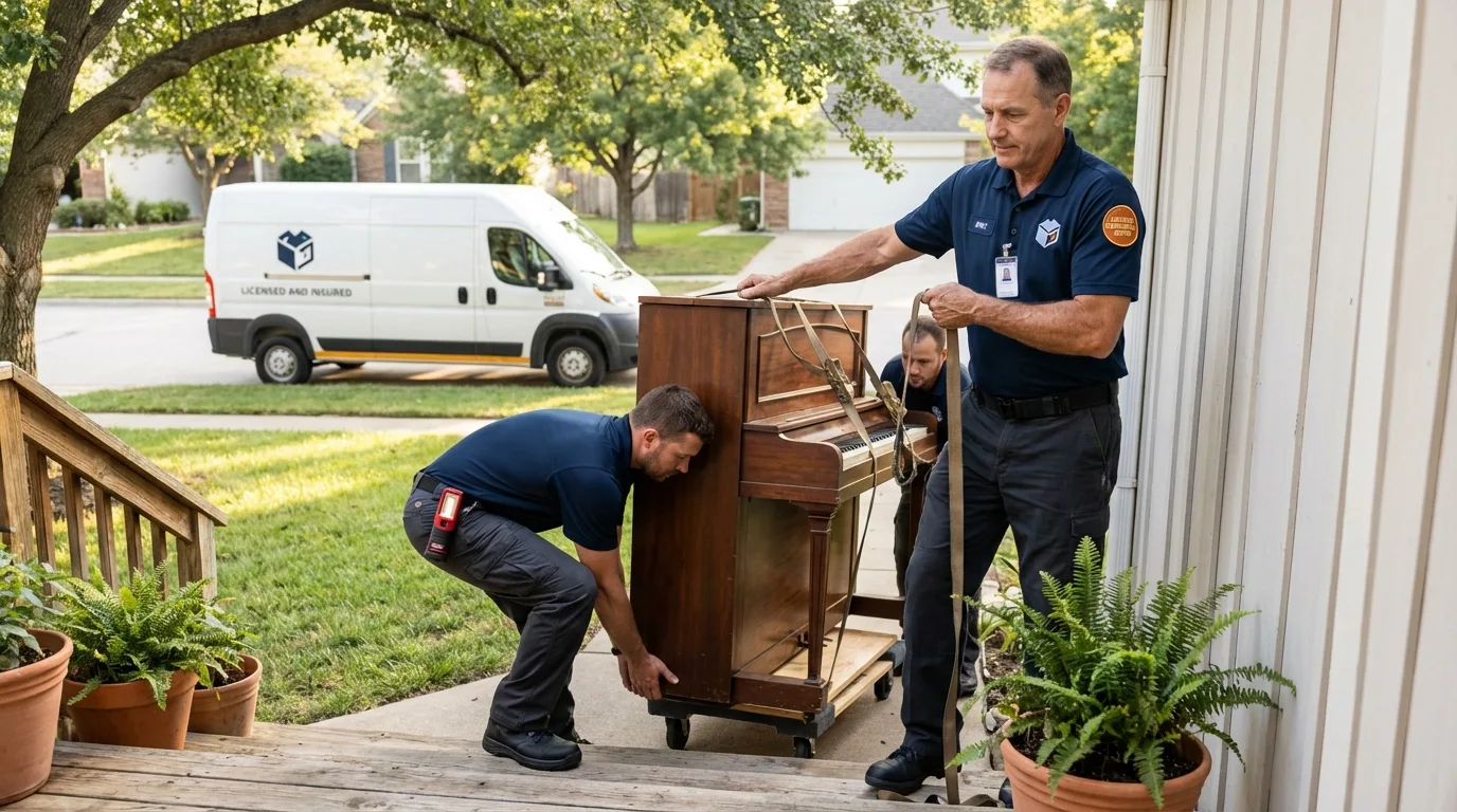Licensed piano movers securing grand piano in Green Lake, WI