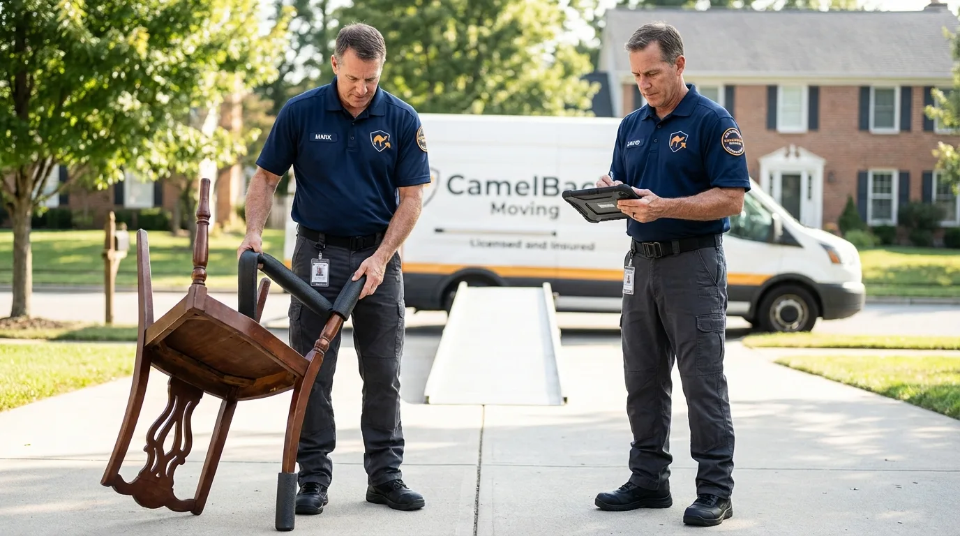 Movers inspecting furniture for damage prevention before loading in Green Lake, WI