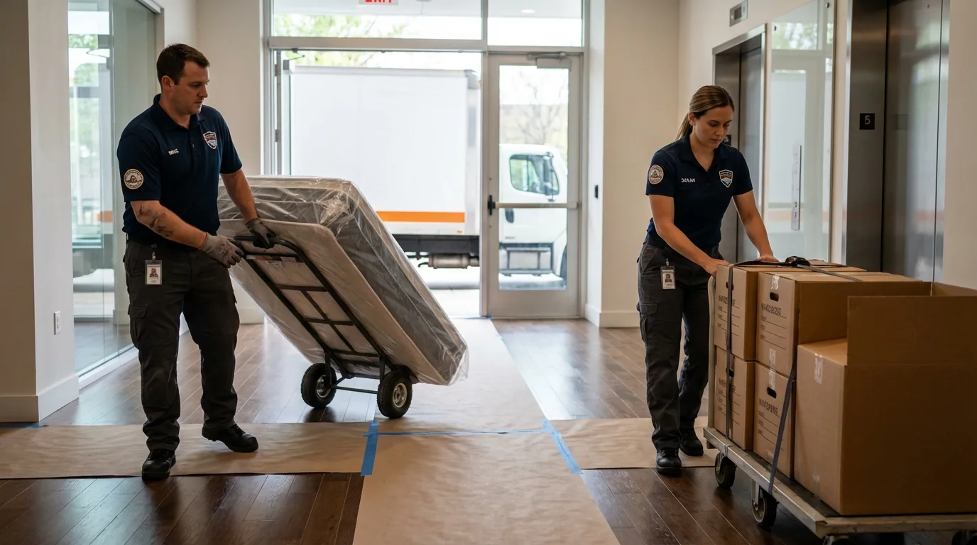 Professional apartment movers loading elevator in Green Lake, WI
